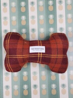 The Foggy Dog Rust Plaid Bone Toy with Yellow Stitching